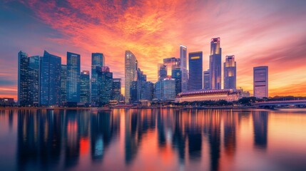 Obraz premium illustration of a modern city surrounded by water with a beautiful sunset