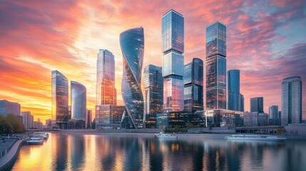 Obraz premium illustration of a modern city surrounded by water with a beautiful sunset