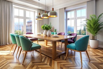 Obraz premium An elegant wooden dining table with plush chairs showcases a pristine white cup on a stunning parquet floor, creating a sophisticated and welcoming atmosphere.