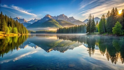Fototapeta premium Serene lake reflecting mountains in the morning light