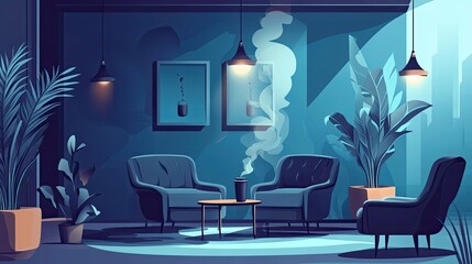 Cozy Living Room Interior with Blue Armchairs and Plants