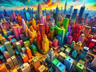 Obraz premium An energetic city skyline radiates vibrant colors, embodying the spirit of creativity and urban life, set against a striking, solid backdrop.