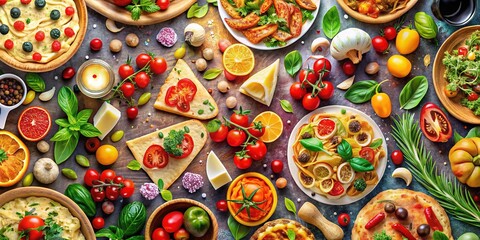 An enchanting seamless design of hand-drawn Italian and French food elements, ideal for catering and cooking concepts, celebrating the essence of these delicious cuisines.