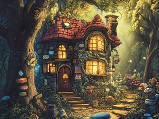 Enchanted Cottage in the Forest: A Whimsical Fantasy Illustration