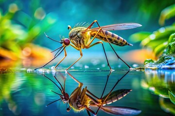 Naklejka premium An intimate portrayal of a mosquito hovering just above water, revealing its fine details and fragile structure as it navigates the reflective surface gracefully.
