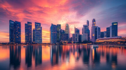 Fototapeta premium illustration of a modern city surrounded by water with a beautiful sunset