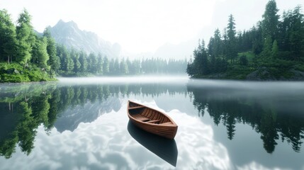 Serene Beauty of a Rustic Boat on Misty Lake with Forested Hills in High Resolution Photo Realistic Image