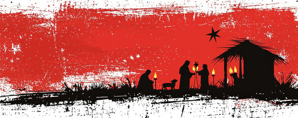 traditional Christmas scene featuring nativity silhouette against vibrant red background. image captures essence of holiday spirit with rustic touch