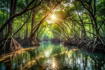 Obraz premium Reflected sunlight filtering through dimly lit tidal mangrove forest