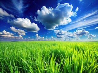 Obraz premium Beneath a vast blue sky, gentle clouds float over vibrant green grass, creating a peaceful natural scene that invites relaxation and appreciation of nature's beauty.