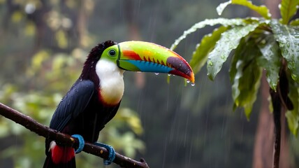 A toucan bird is sitting on a tree branch during rainy season with water droplets on its beak and feathers