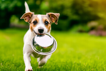 Jack Russell terrier dog sitting by empty metal food bowl on grass field background.