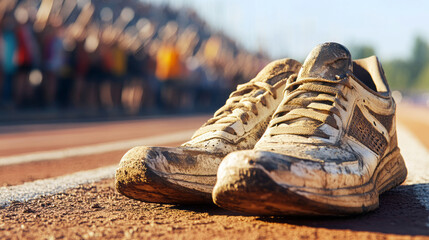 Close-up of worn athletic shoes on a track, with cheering crowd in the background.