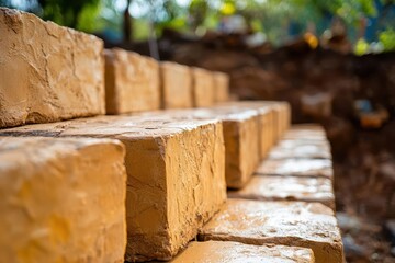 Earth block with natural clay texture, eco-friendly construction, close-up, photorealistic details, sustainable building