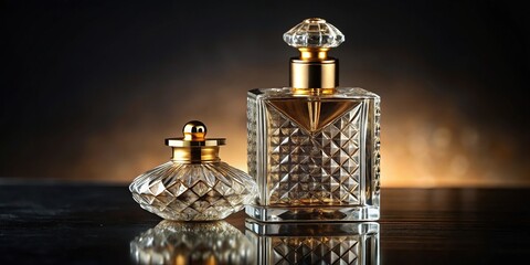 Reflected vintage crystal perfume bottle on a mirror surface