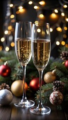 champagne and christmas decorations