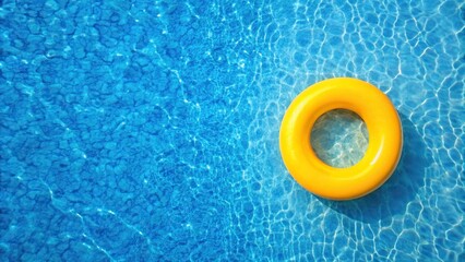 Reflected water pool summer background with yellow pool float ring on textured aqua blue backdrop