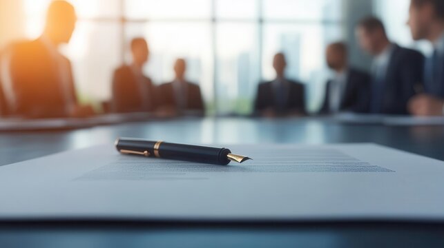 Government officials discussing a law proposal in a formal meeting room, soft lighting, ultrarealistic detail of documents, pens, and governance discussions