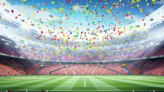 animated stadium High fans strewn sunny victory day arena footage empty 4k confetti lights quality crowd celebration baseball outdoors sport cricket field ball playground flag fan competition team ch - Powered by Adobe
