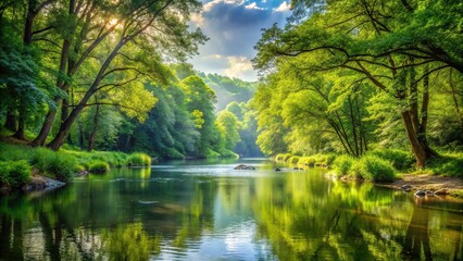 Fototapeta premium Serene landscape with lush forests and flowing river