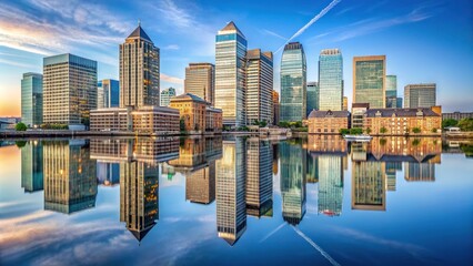 Reflection of Canary Wharf Skyscrapers in Blackwall Basin Symmetrical