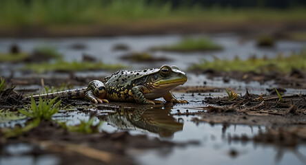 Fototapeta premium A lone amphibian on a shrinking patch of wetland, representing the global amphibian extinction crisis due to climate change and pollution.