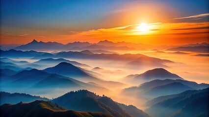 Fototapeta premium Serene landscape with rising sun and gradient mountains in shades of orange and blue