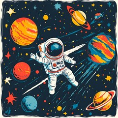 Fototapeta premium An astronaut floats in space surrounded by planets and stars.
