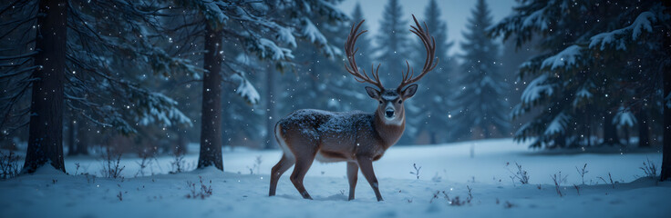 Obraz premium Majestic deer standing gracefully in a snowy winter forest landscape