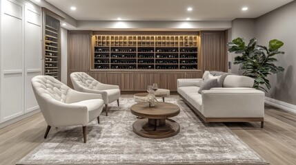 Fototapeta premium Modern Living Room with Wine Cellar and White Furniture