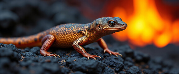 Fototapeta premium Lizard Stands Defiantly Before Roaring Flames in Surreal Encounter