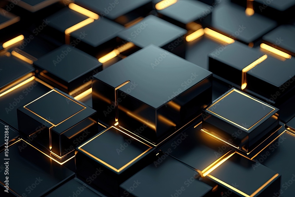 Wall mural 3d textured black cubes with glowing lines creating a modern digital background.
