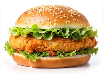 Delicious crispy chicken fillet layered in a sesame seed bun. Isolated on a clear background, this visually appealing burger is perfect for delectable food photography.