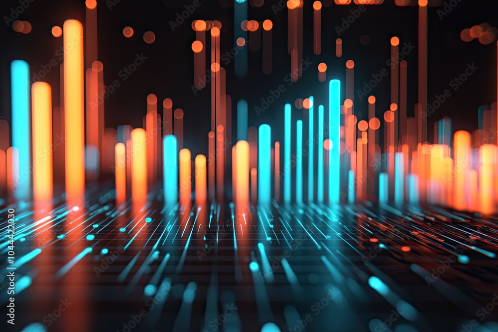 Wall mural dynamic abstract visualization of glowing bars representing data trends in vibrant orange and blue c