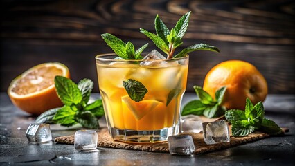 Fototapeta premium Refreshing cocktail with orange juice and ice cubes garnished with mint leaf in forced perspective