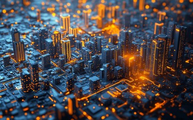 3D rendering of a digital cityscape with illuminated skyscrapers and illuminated streets