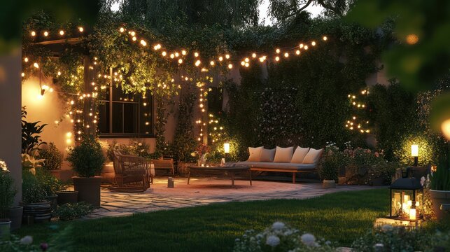 Small backyard wedding illustrations, cozy outdoor wedding with personal touches, surrounded by greenery and lights