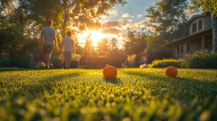Family playing outdoor games in their backyard. Featuring various activities like frisbee and ball games. Emphasizing family fun and active play. Ideal for family activities and outdoor fun content.