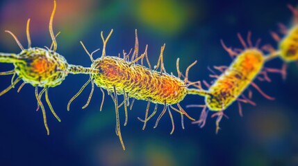 Fototapeta premium Ancient microbes under microscope reveal intricate cellular structures, showcasing their mysterious and ancient nature, ideal for scientific and educational content.