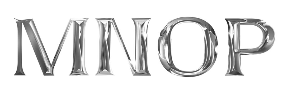 realistic silver chrome metal letters alphabet MNOP transparent PNG file & high resolution 300 dpi