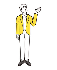 手を上げて案内をしているビジネスマンの全身を描いたシンプルなイラスト素材