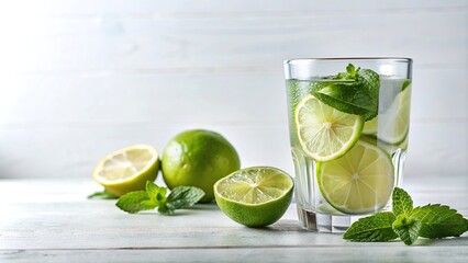Fototapeta premium Refreshing glass of water with lime and mint on white background
