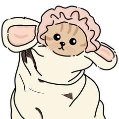 A cute kitten wearing a pink baby cap and a white bunny blanket