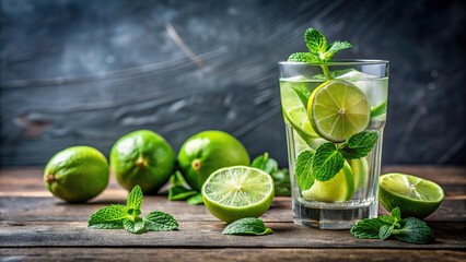 Refreshing glass of water with lime and mint leaves on table
