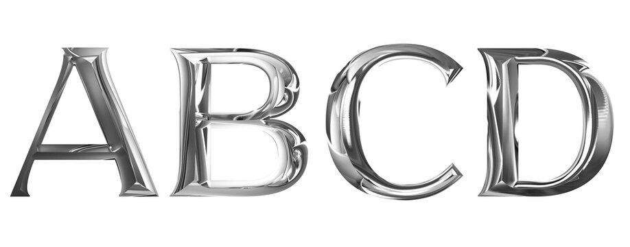 realistic silver chrome metal letters alphabet ABCD transparent PNG file & high resolution 300 dpi