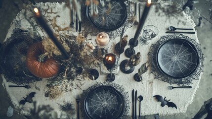 Fototapeta premium A Halloween-themed table setting with spiderweb plates, black candles, and bat-shaped napkin holders, ready for a spooky dinner party.