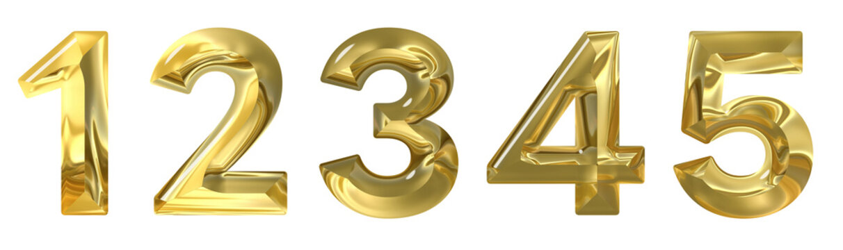 realistic gold chrome metal number 1-5 transparent PNG file & high resolution 300 dpi