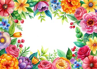 Elegant watercolor florals encircle a white backdrop, ideal for creative projects and invitations. Offers generous space for personalized messages and customization to match your style.