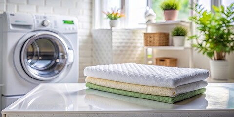 A stack of freshly laundered towels sit on a white countertop beside a gleaming washing machine in a bright laundry room.