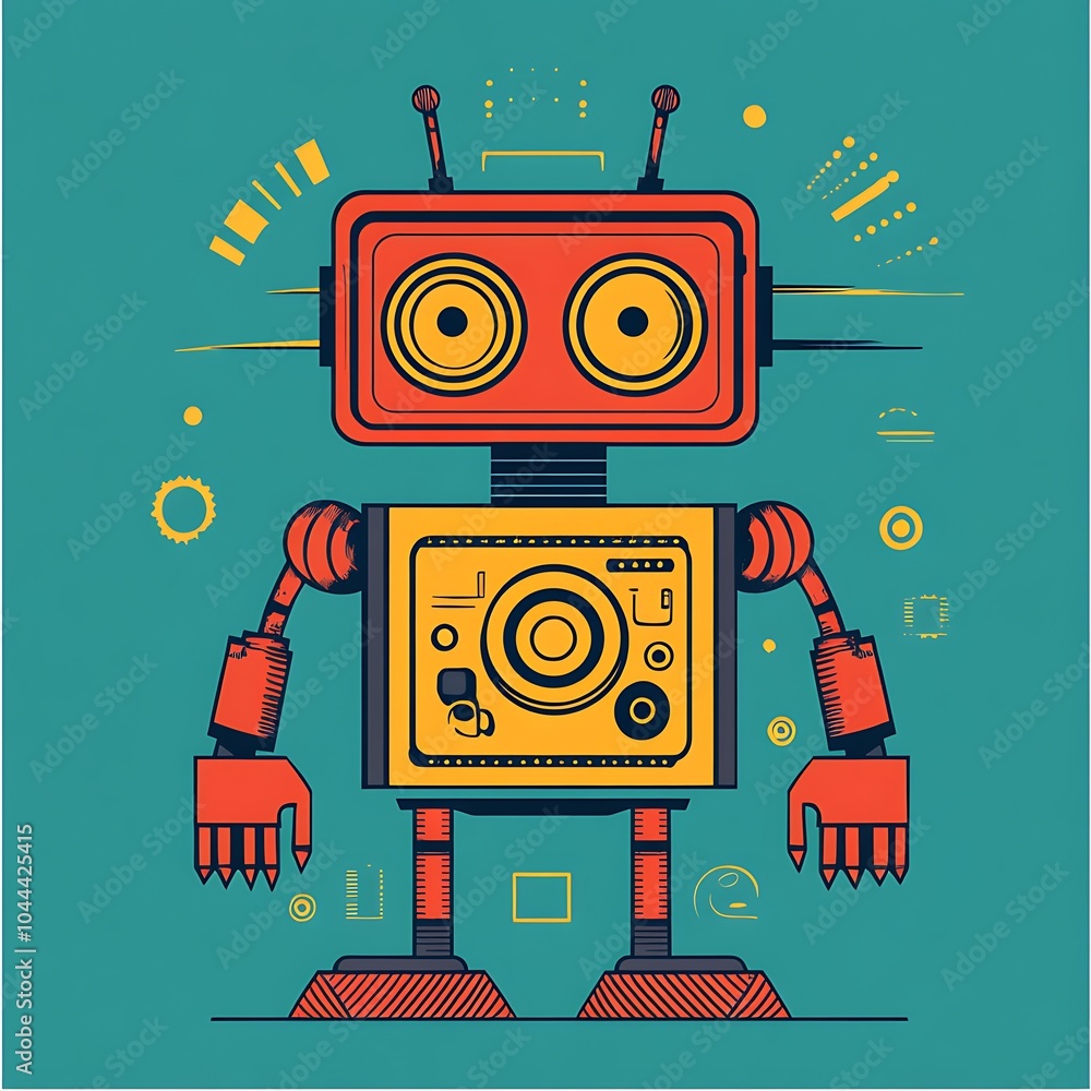 Poster retro robot with large eyes and antennas on a teal background.